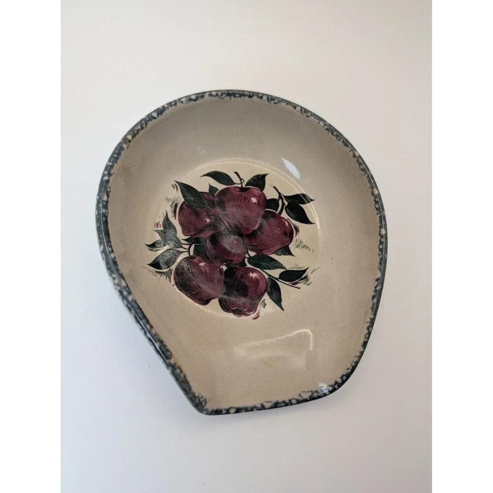 Home & Garden Party Stoneware Apple Spoon Rest Blue Sponged Rim Made in USA 1999